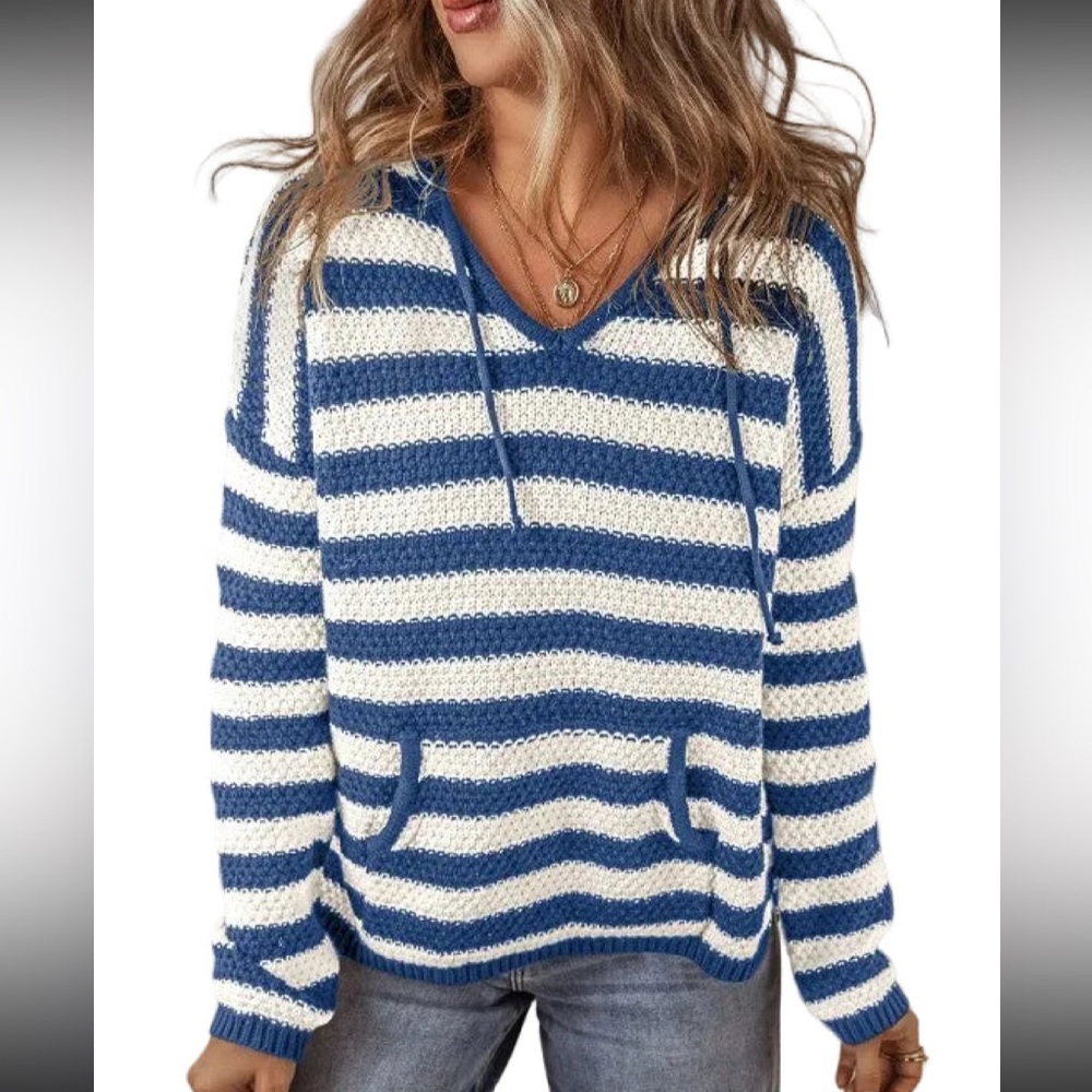 Blue and Cream Striped V-Neck Hoodie Sweater